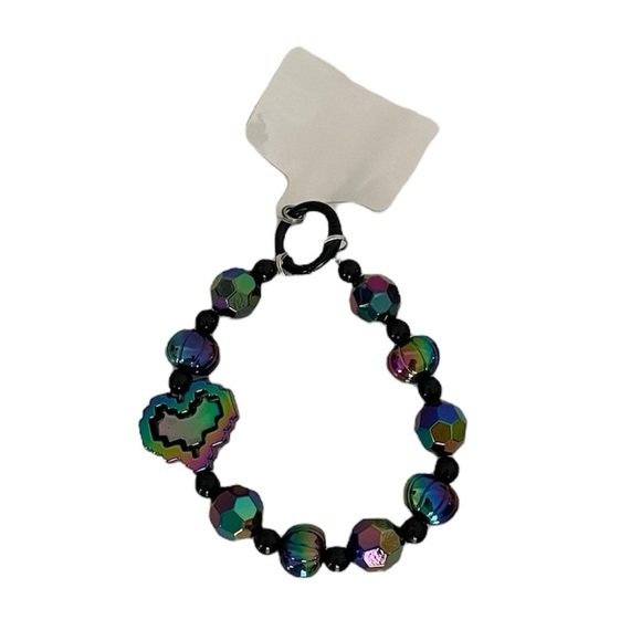 Iridescent Purple & Green Heart Large Beaded Charm Phone Accessory Wristlet - Picture 8 of 12